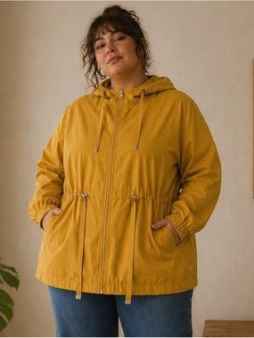 Time and Tru Mustard Yellow Hooded Anorak Jacket 2X Plus Size Lightweight  Coat